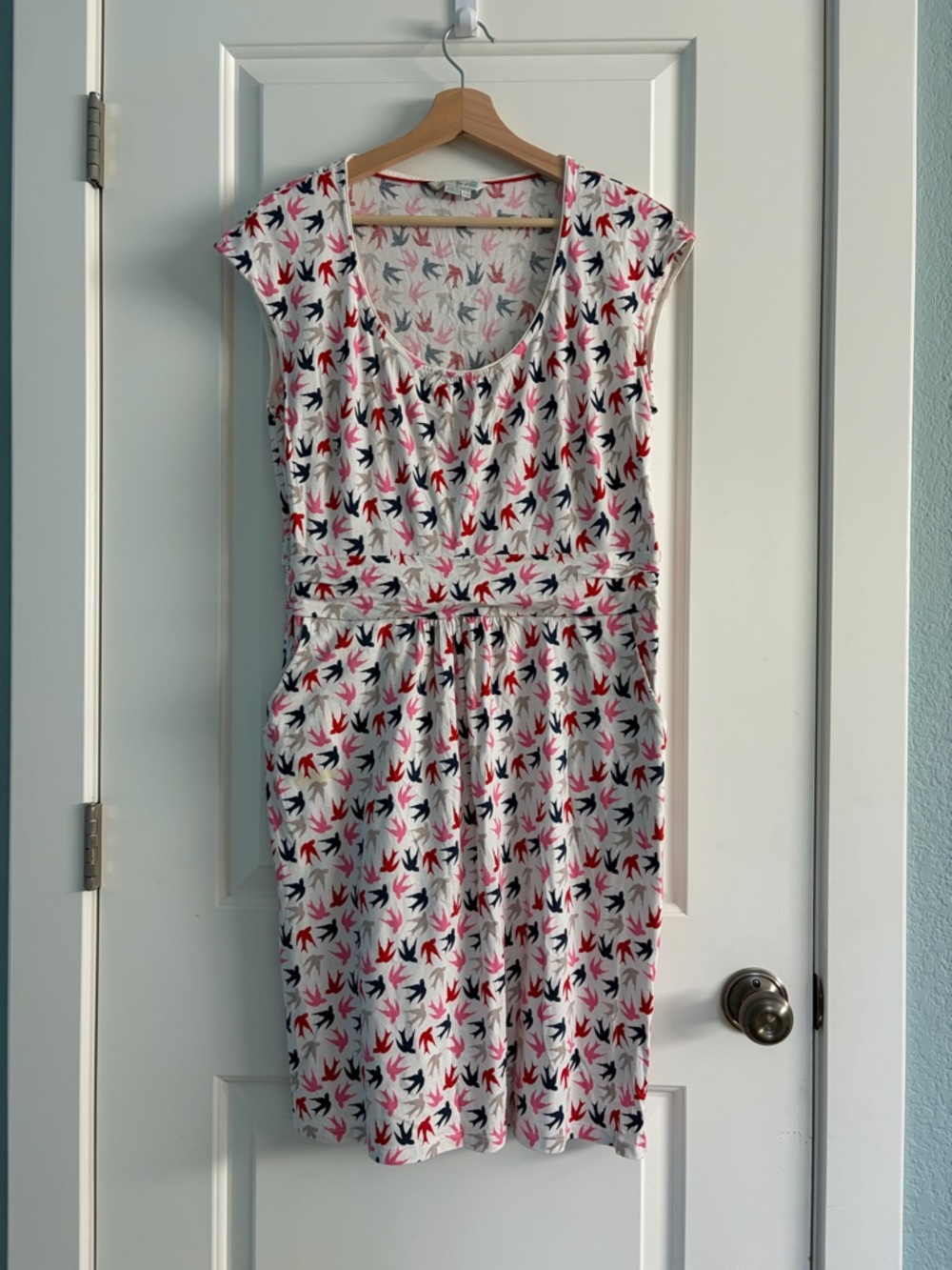 Boden White Midi Dress with Pink & Navy Bird Print